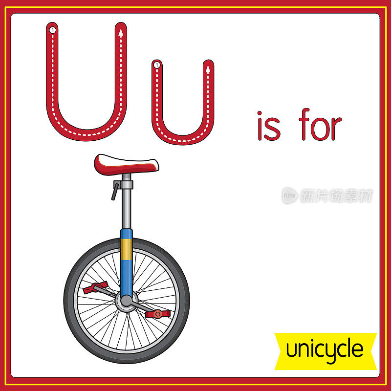 矢量插图学习字母为儿童与卡通形象。字母U代表独轮车。