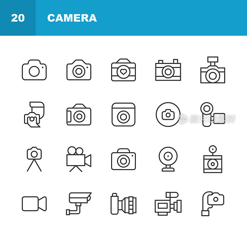 相机图标。可编辑笔画，包含如相机，数字，影响者，电影，照片，摄影，图片，安全摄像头，社交媒体，电视，视频，视频通话，视频会议，复古，网络摄像头等图标。