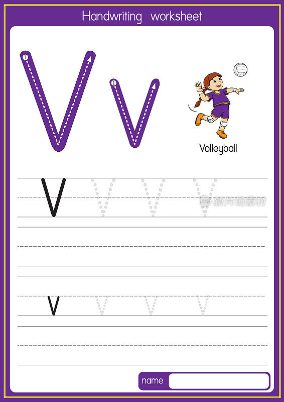 矢量说明排球与字母V大写字母或大写字母学习练习儿童ABC