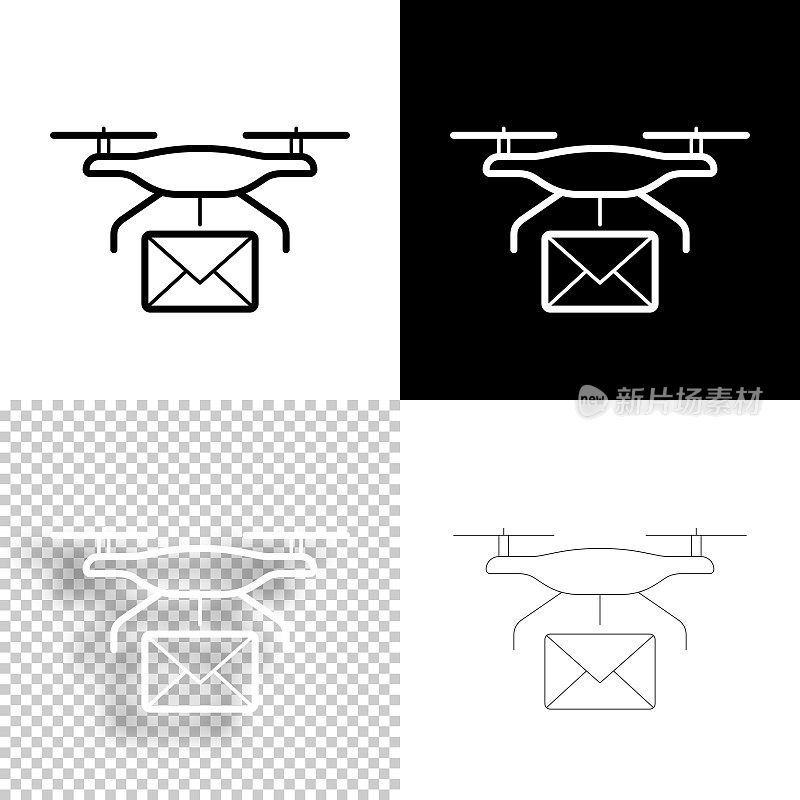 无人机投递邮件。图标设计。空白，白色和黑色背景-线图标