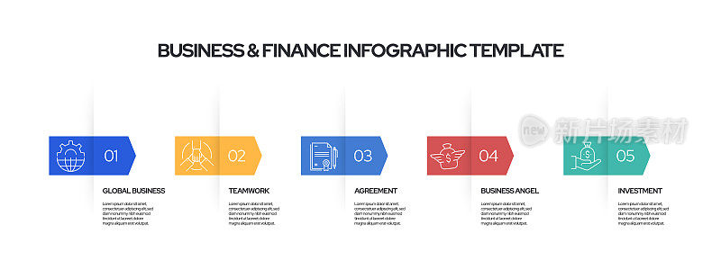 商业和金融概念矢量线信息图形设计图标。5选项或步骤的介绍，横幅，工作流程布局，流程图等。