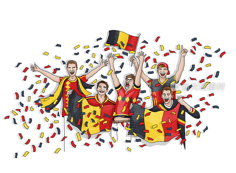五名球迷举着比利时国旗庆祝