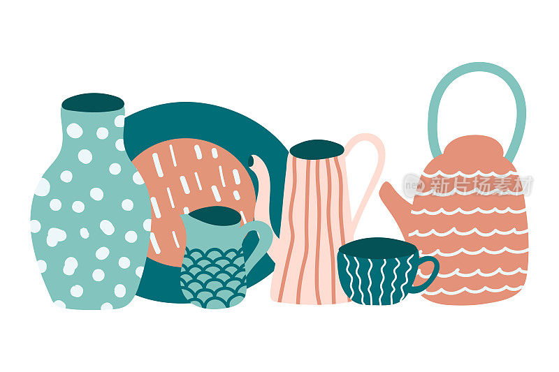 陶瓷、陶器厨具收藏。盘子，锅，杯子，马克杯，勺子，盘子，壶，碗孤立在白色。手绘向量集。平面设计。