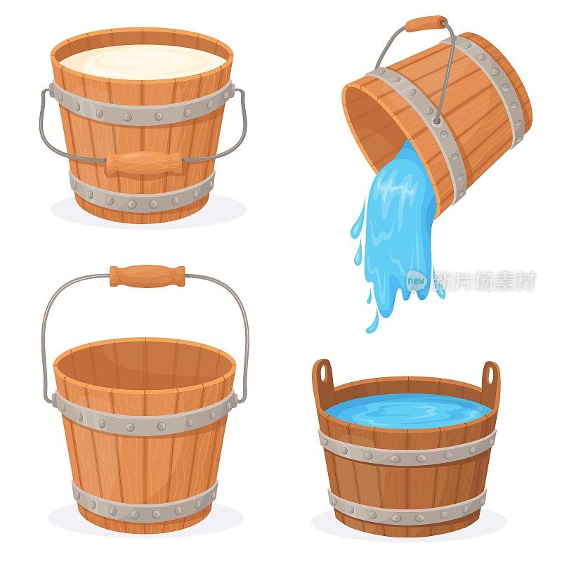 卡通木制水桶。木桶与流动的水或牛奶，空桶流温泉桑拿浴缸浴缸桶坛子锅储存农场蜂蜜，孤立整齐的矢量插图