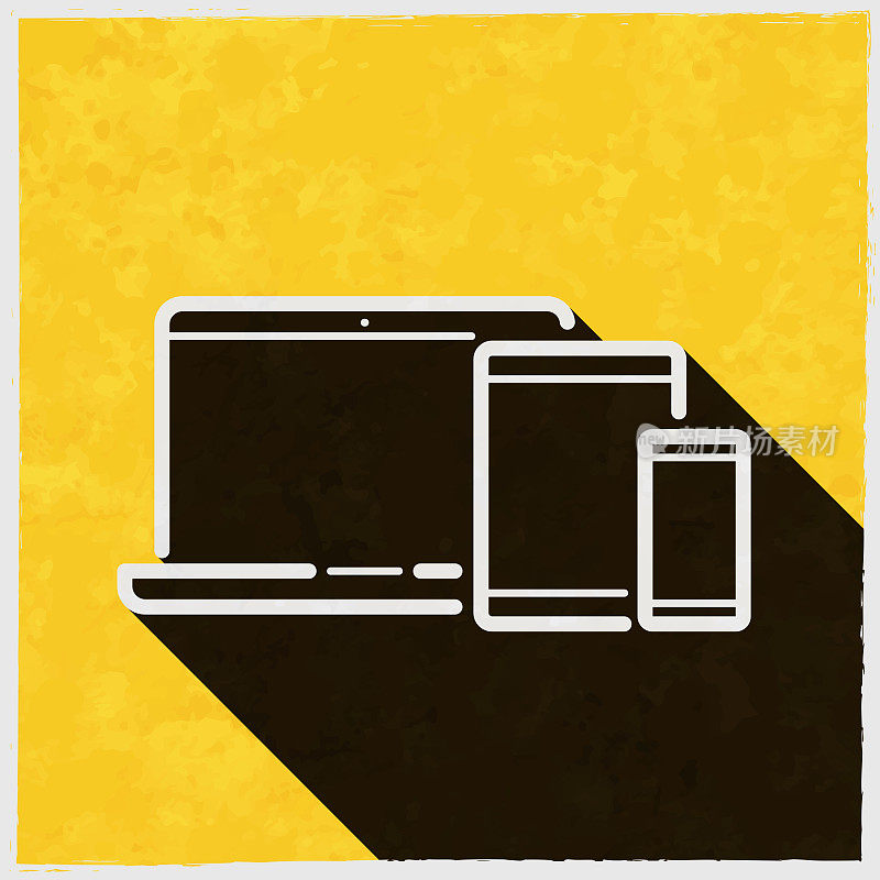 笔记本电脑、平板电脑、智能手机。图标与长阴影的纹理黄色背景
