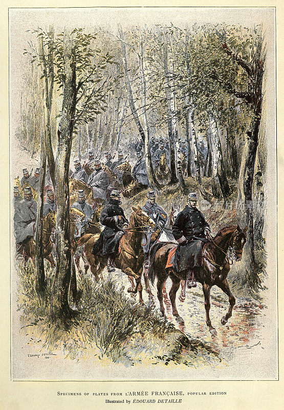 法国军队，骑兵团骑马穿过林地，1880年代，19世纪维多利亚时期