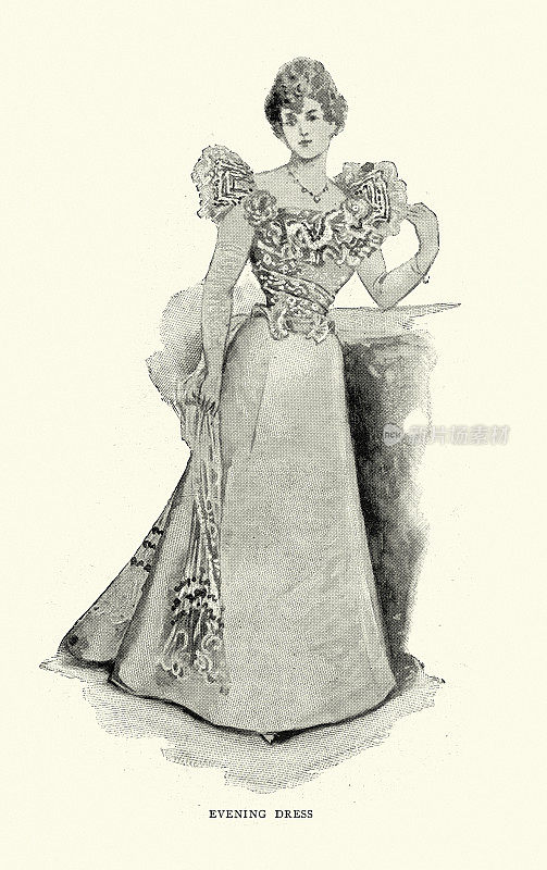 19世纪90年代维多利亚女性时装，白色缎面晚礼服，19世纪