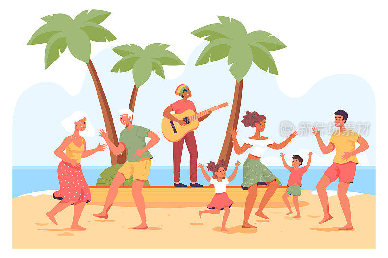 老人和年轻人在沙滩上跳舞，男人在弹吉他