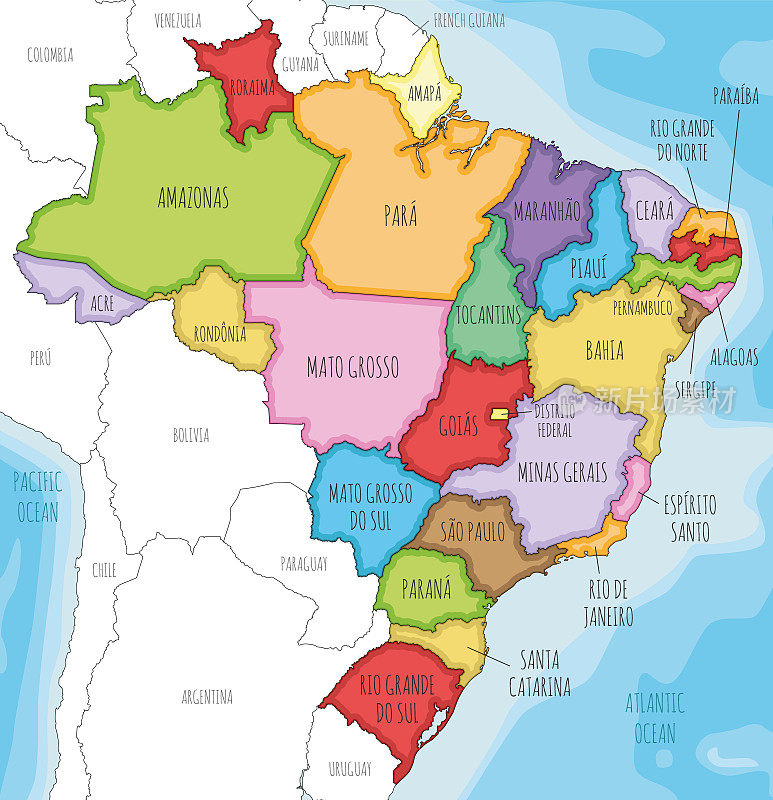 矢量插图的巴西地图与州和行政区划，邻国和领土。可编辑和明确标记层。