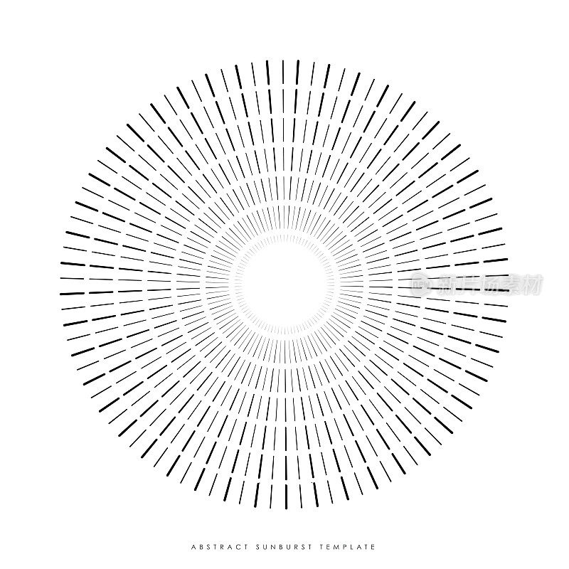 几何手绘太阳爆发，太阳光束。恒星以线的形式发光，线性的阳光波。夏季又象征日落、日出和放射烟火。复古风格矢量股票插图