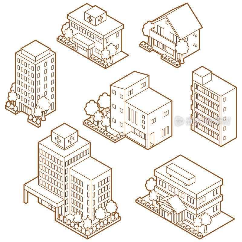 各种建筑物的三维形状的插图。