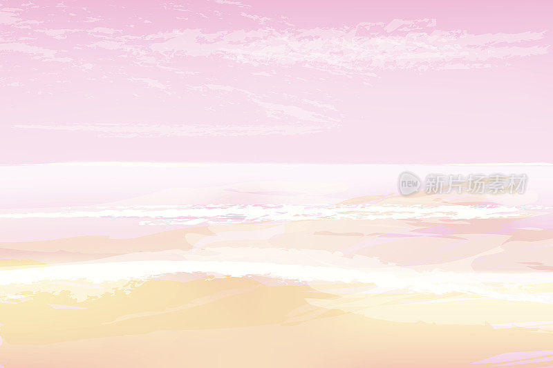 日出，波浪的潮汐，早晨的海景，海岸线背景在粉红色粉彩。