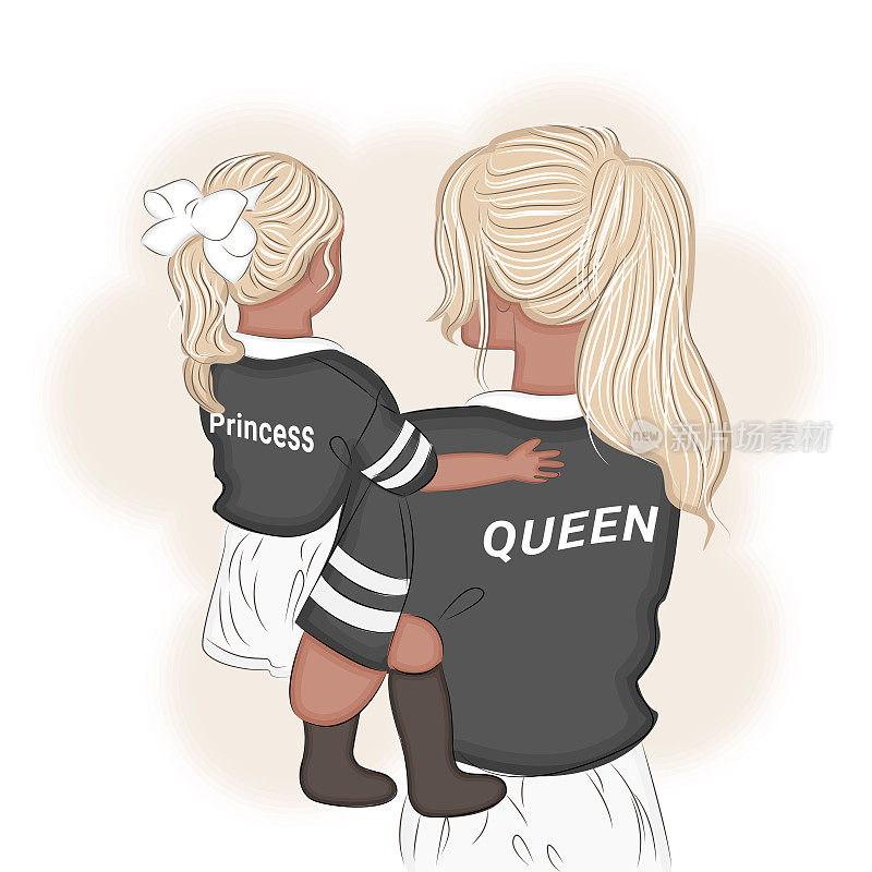 母亲和女儿在一个拥抱，t恤与字女王和公主在背后，酷，矢量插图打印