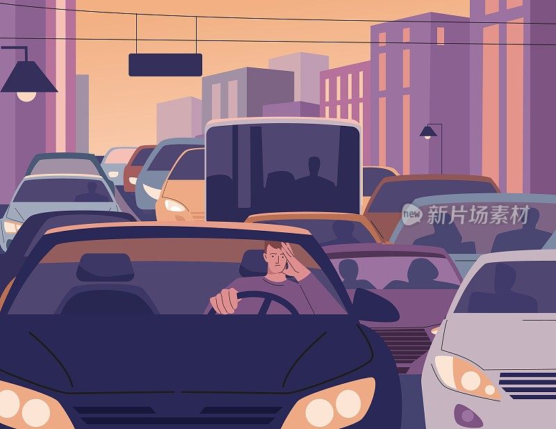 疲惫的男子驾驶城市交通堵塞在晚上。下班后的一天，昏昏欲睡的司机在路上开车。疲劳男性在汽车，城市环境问题踢矢量场景