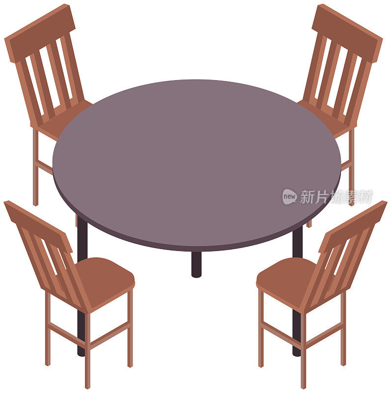 圆木桌和四把经典椅子。厨房或餐厅的家具元素为室内