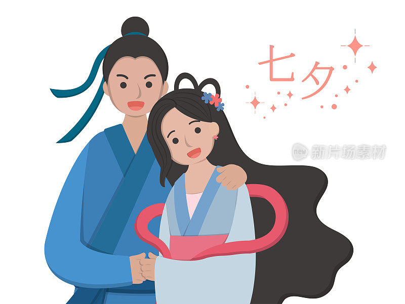 亚洲、东方和中国的情人节:七夕，传说中的牛郎织女，卡通漫画中的矢量人物