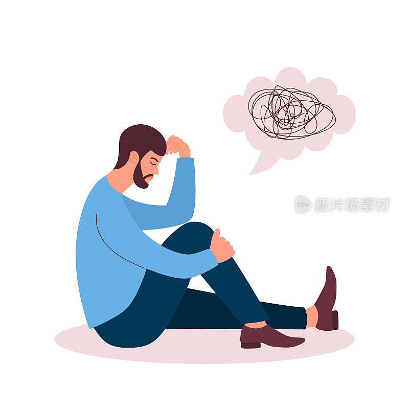 悲伤的人在抑郁中坐着思考问题。他脑子里乱成一团，心理健康问题，破产，压力，失去，危机，倦怠综合症，关系问题的概念。