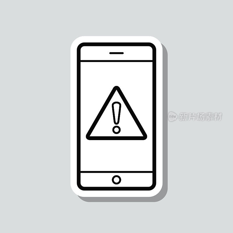 带有危险警告注意的智能手机。图标贴纸在灰色背景