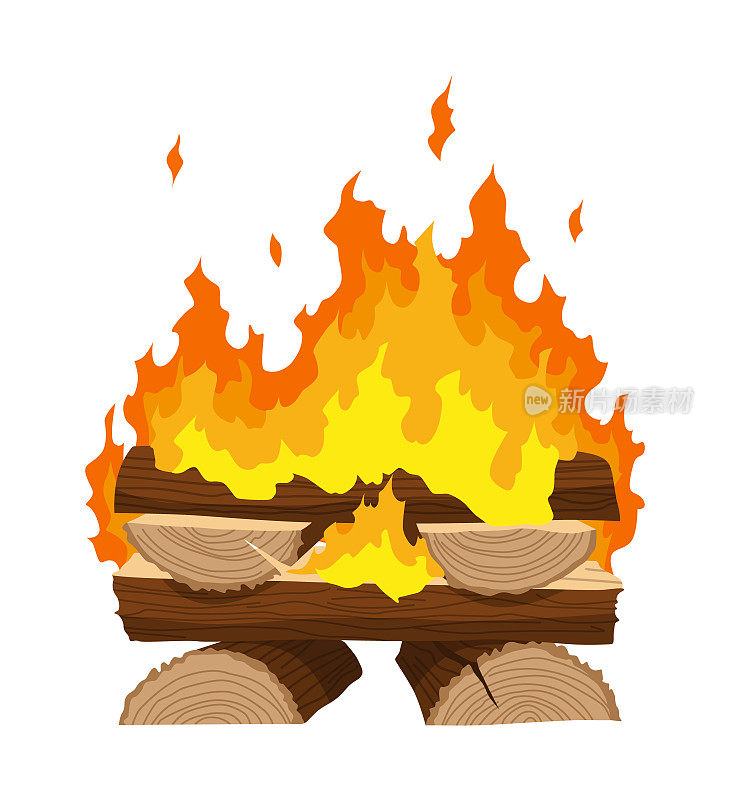 壁炉篝火类型。燃烧的木头，旅行和冒险的象征。向量篝火或木火在卡通平面风格。游客的篝火堆成一堆