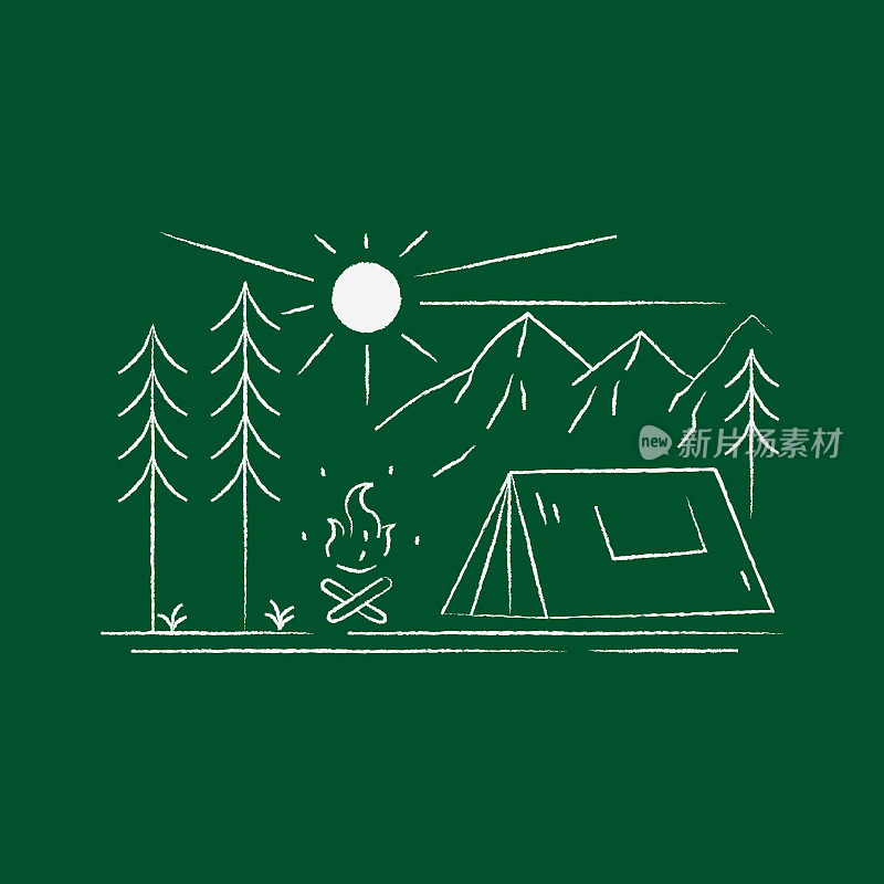 单线艺术中的山地和营地景观设计，贴片徽章设计，徽章设计，t恤设计