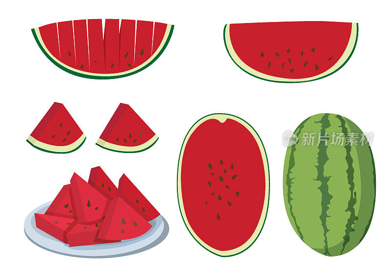 西瓜半水果新鲜和西瓜在盘子上孤立的白色背景插图矢量