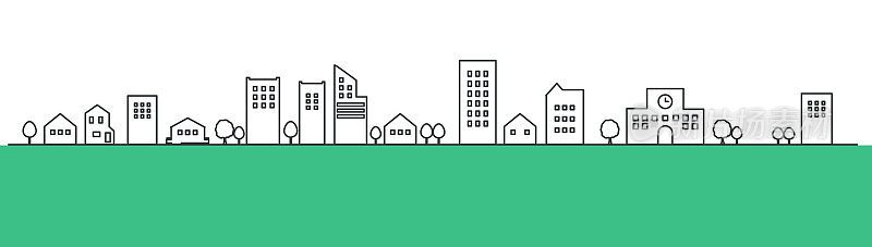 绿色背景的城市景观线条插画，线条，剪影，矢量背景材料，可持续发展目标，可持续发展