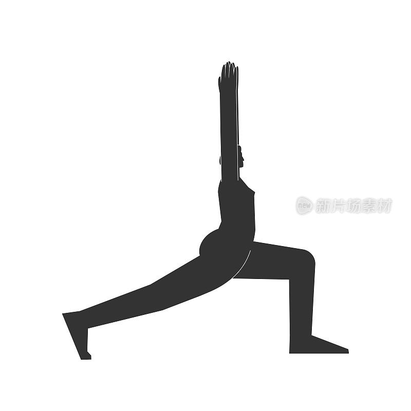 矢量孤立的插图与平面黑色轮廓的女性角色。爱运动的女子学习加强瑜伽姿势。健身运动-新月式高弓步。简约的设计