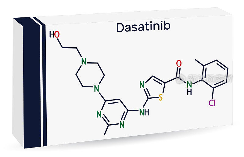 达沙替尼的分子。它被用来治疗骨髓性白血病(CML)和急性淋巴细胞白血病(ALL)。骨骼化学式。药品纸包装