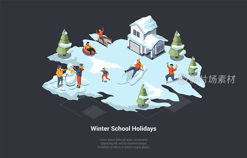 寒假概念，家庭圣诞假期。学生，男孩和女孩在户外玩耍。孩子们在校车旁玩雪，玩得很开心。等距三维卡通矢量插图