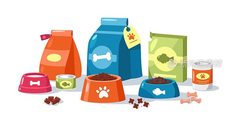 宠物饲料包装。卡通食品为猫猫狗狗提供玩具美容配件，家畜饲养兽医护理理念