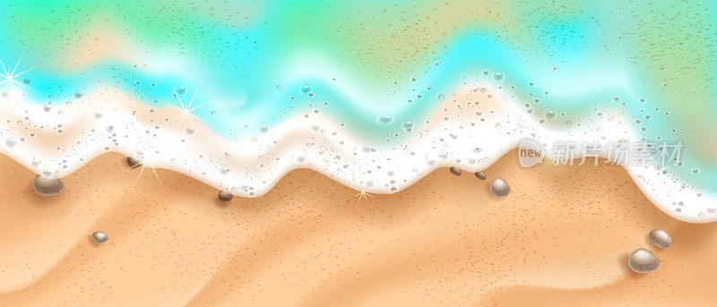 沙滩波顶视图，软矢量海泡沫，3D夏季海洋纹理边界，沙滩背景。