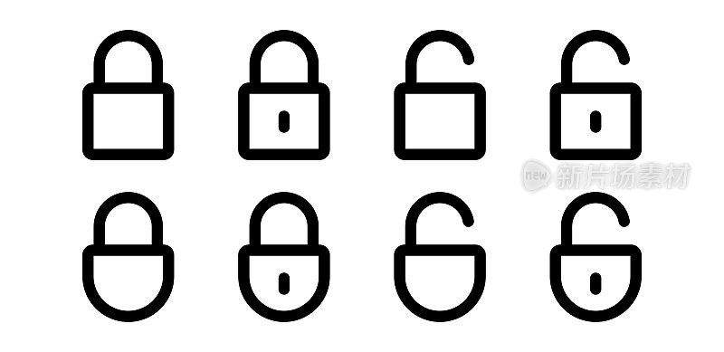 锁定矢量图标集。线性锁定和解锁黑线图标设置。锁网页按钮设计。保安标志
