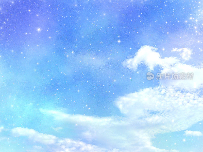 动画风格的蓝天白云，闪烁的星星