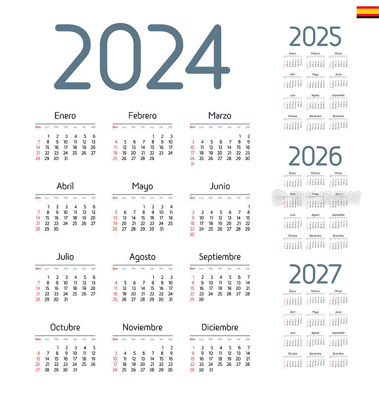 西班牙日历2024年，2025年，2026年，2027年。周日开始