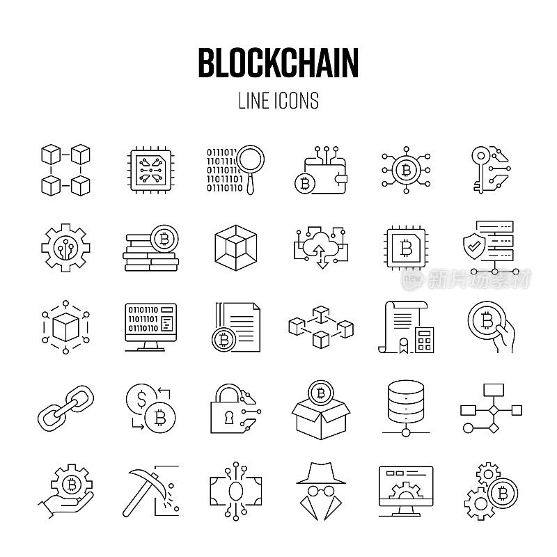 区块链线路图标设置。技术，比特币，连接，未来，数据库，虚拟现实