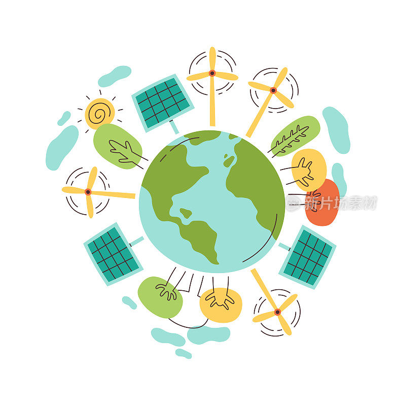 太阳能电池和风车在地球平面插图环境