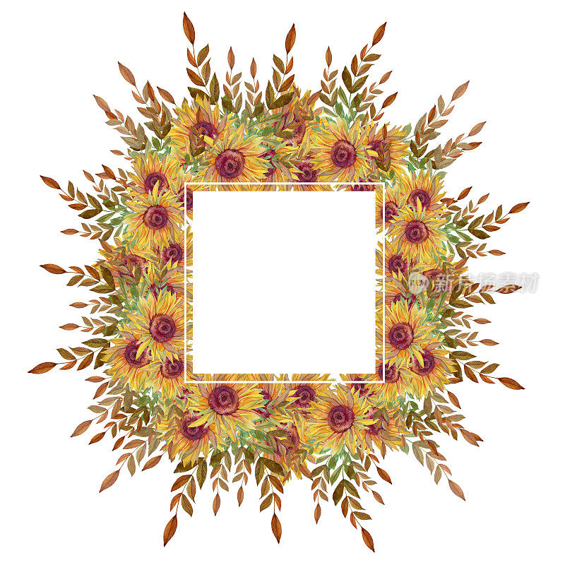 秋天方框。水彩花环花向日葵和树枝与树叶孤立在白色的背景。手绘剪贴画卡片。边界和婚礼庆典邀请或壁纸