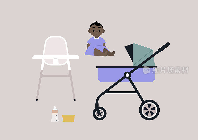 一套婴儿用品，一辆婴儿车，一把高高的厨房椅，一套瓶子和碗