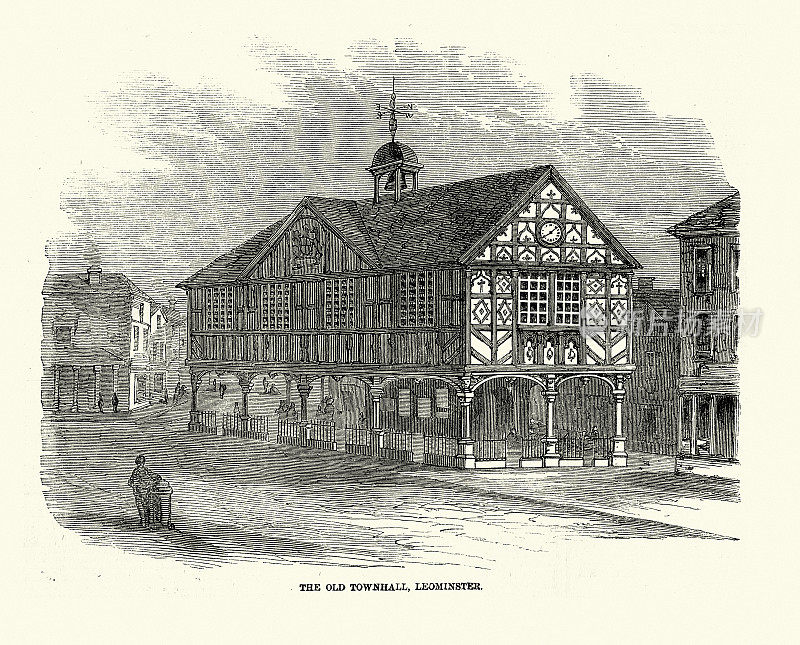格兰其庭院或老市政厅，莱明斯特，赫里福德郡，英格兰，19世纪50年代，历史建筑，17世纪木结构市场大厅
