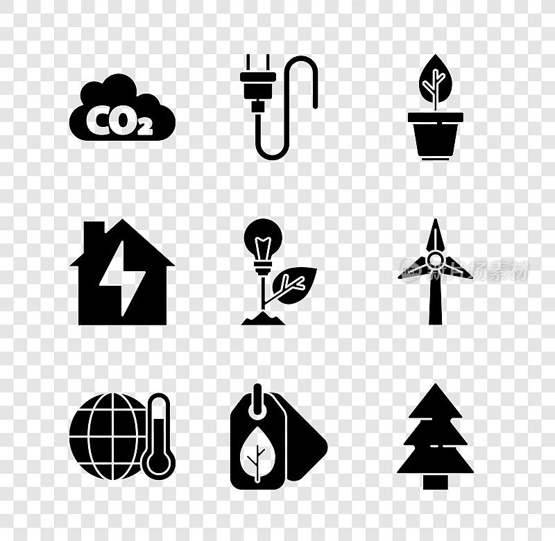 设置二氧化碳排放云，电插头，花盆，全球变暖，标签与叶子，圣诞树，房子和闪电和灯泡图标。向量