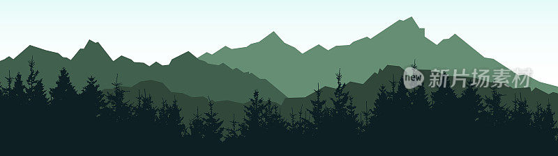 冒险户外露营徒步登山野生动物的背景-绿色剪影的山峰岩石和森林树林冷杉云杉树，现实的景观全景插图矢量。
