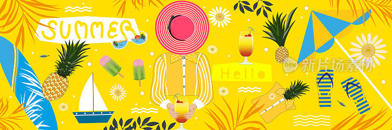 夏天的场景背景，矢量插图有趣的共鸣的一个女人与热带夏天，粉红色的帽子，菠萝，棕榈叶，冲浪板，冰淇淋，凉鞋，伞在黄色的背景