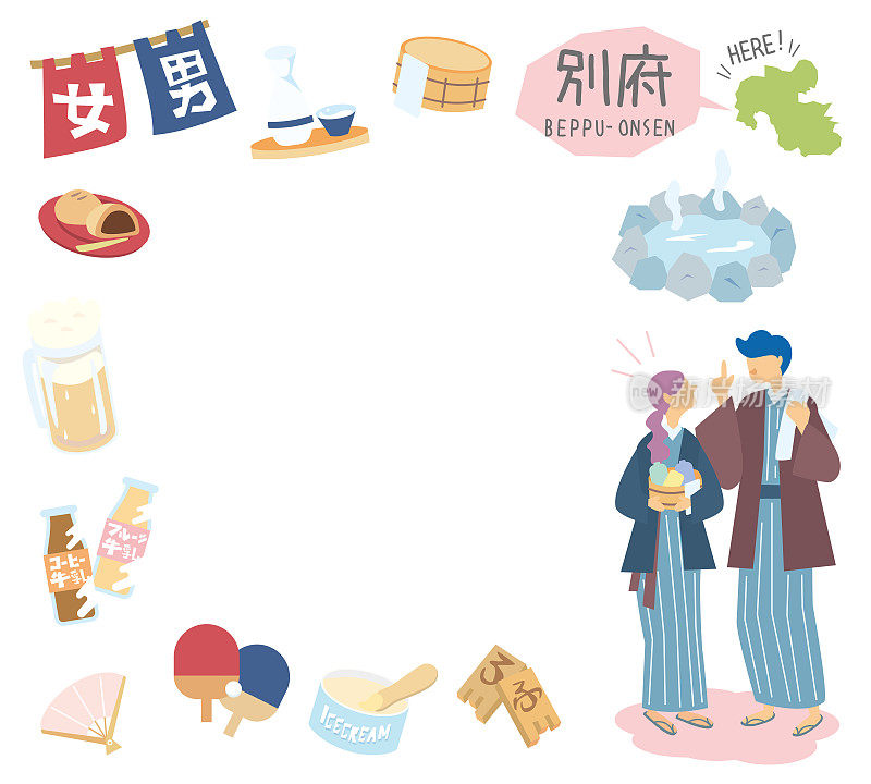 日本大分的别府温泉，一套温泉图标和一对穿着浴衣的夫妇