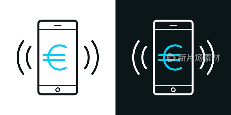 智能手机响着欧元标志。黑色或白色背景上的双色线图标-可编辑的笔画