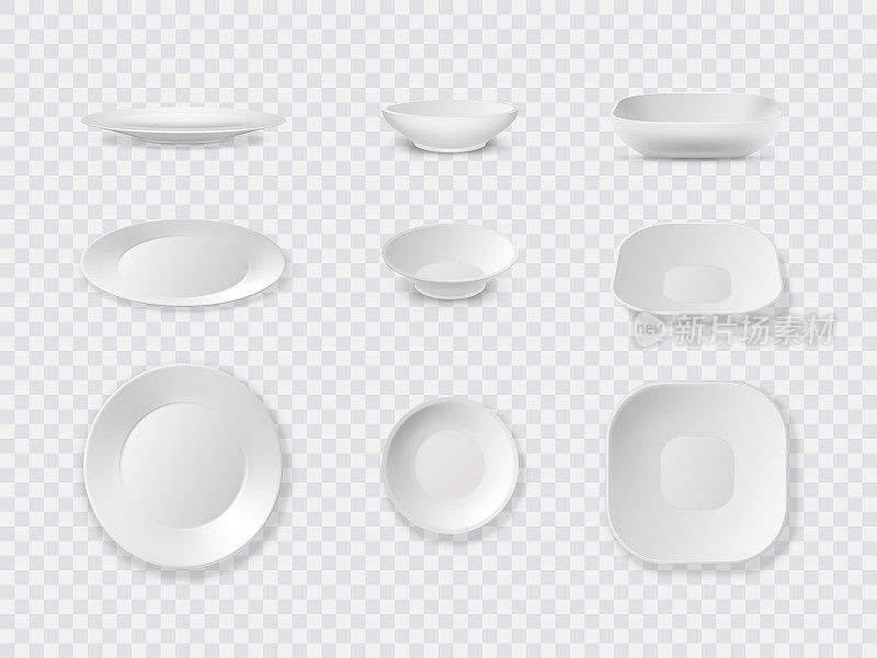 陶瓷盘。现实的板。陶瓷碗。方形餐具。晚餐食物模型。空的圆盘子。厨房用具。宴会服务。不同的视角。矢量餐具组
