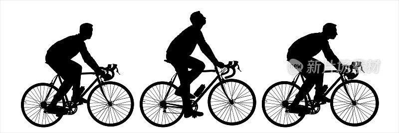 一群骑自行车的人。体育比赛。团体运动娱乐。一个骑自行车的人在运动。骑在自行车顶上的那个人。一个男人的白色背景上的黑色剪影。侧视图、侧面图