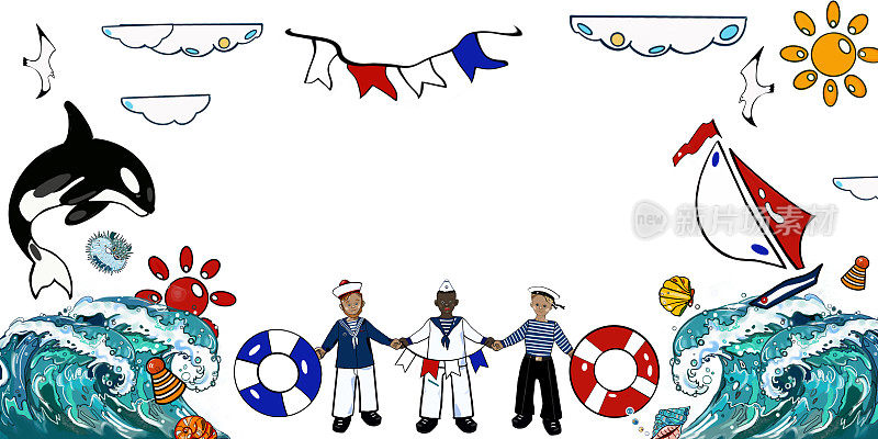 框架海集，海豚，鲸鱼，鲨鱼，鱼，游艇，水手，珊瑚，贝壳，珍珠在一个白色的背景