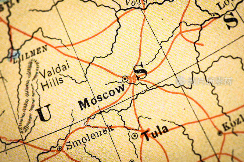 古董地图集地图宏观特写:莫斯科，俄罗斯
