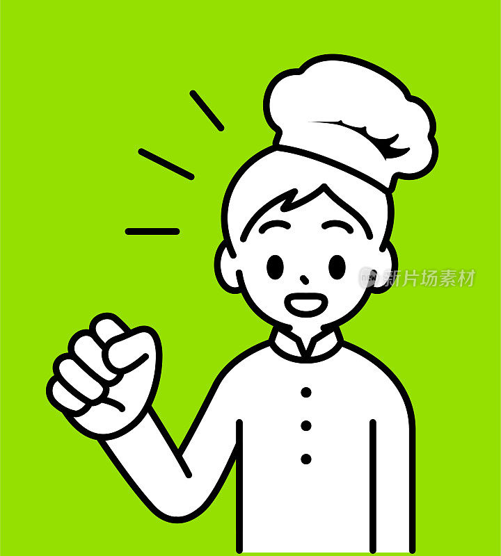 一个戴着厨师帽、穿着制服的男孩正挥舞着拳头欢呼，看着观众，极简风格，黑白轮廓
