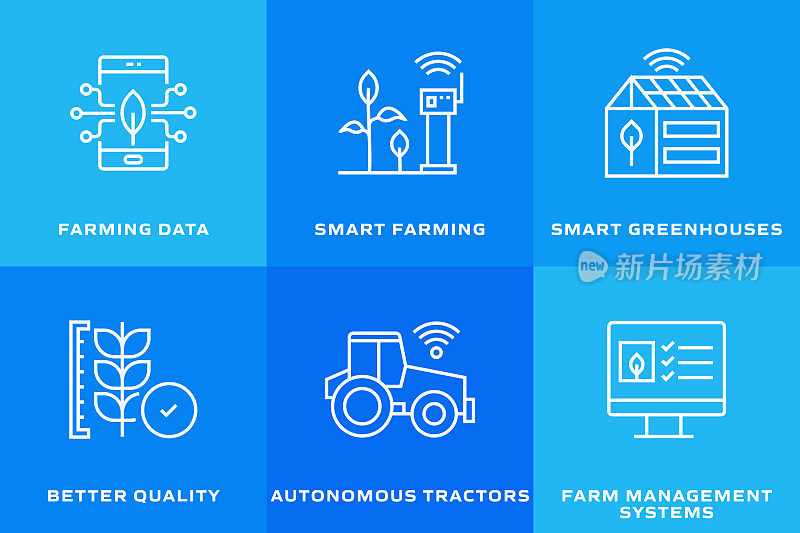 智能农场相关的矢量线图标。轮廓符号集合